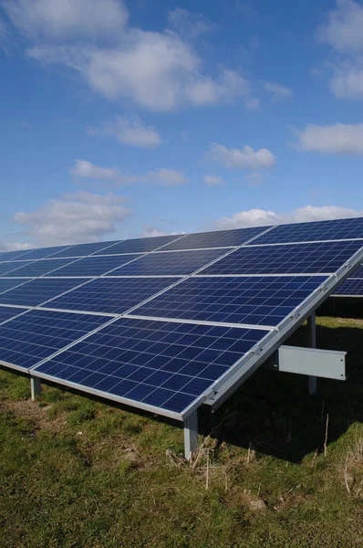 Řádky Solárních Panelů Vyrábějících Zelenou Energii — Stock fotografie