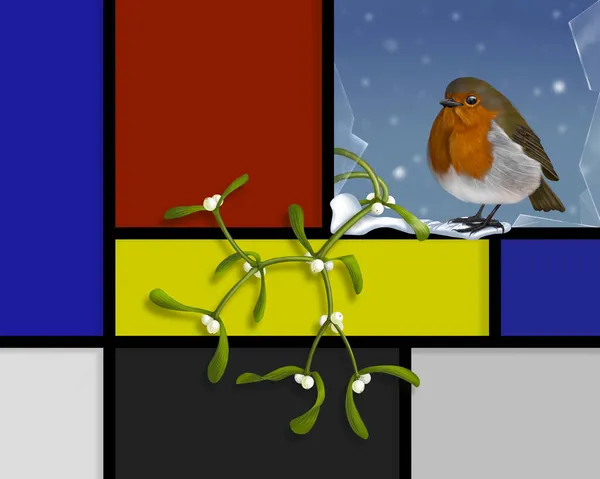 在冬季的一天 圣诞知更鸟和蚜虫从一个色彩斑斓的玻璃窗中破门而入 — 图库照片