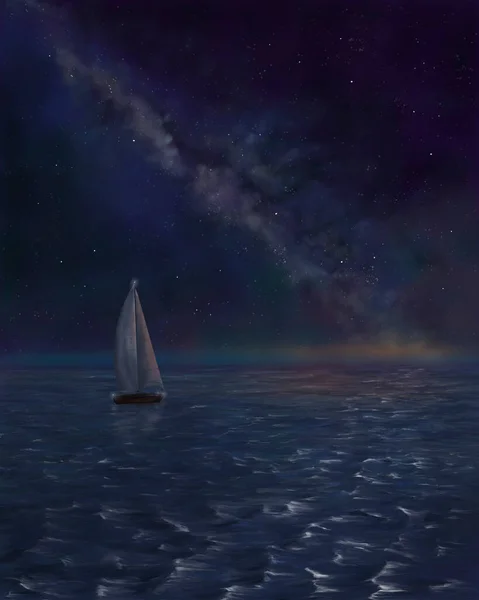 天の川の下の海を渡る小さなヨット — ストック写真