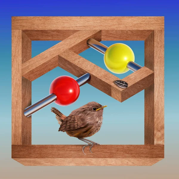 Illustration Eines Kleinen Vogels Auf Einer Unmöglichen Holzkonstruktion Stockbild