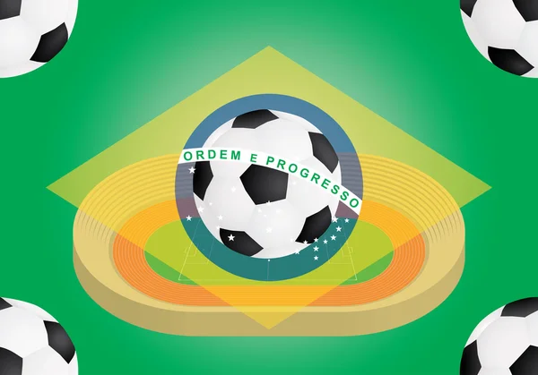 Estadio y fútbol sobre bandera de Brasil — Vector de stock