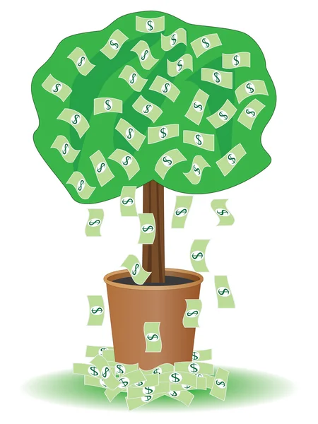 Albero di cassa con dollari cadenti — Vettoriale Stock