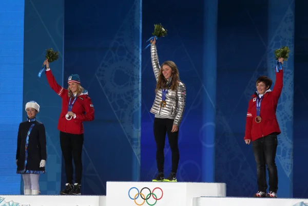 Women's alpine skiing slalom medal ceremony — Stock Photo, Image