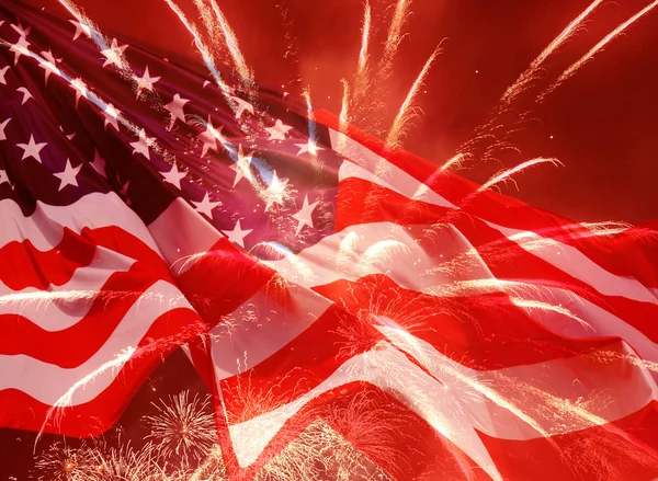 Fireworks over United States flag — Stock Photo, Image