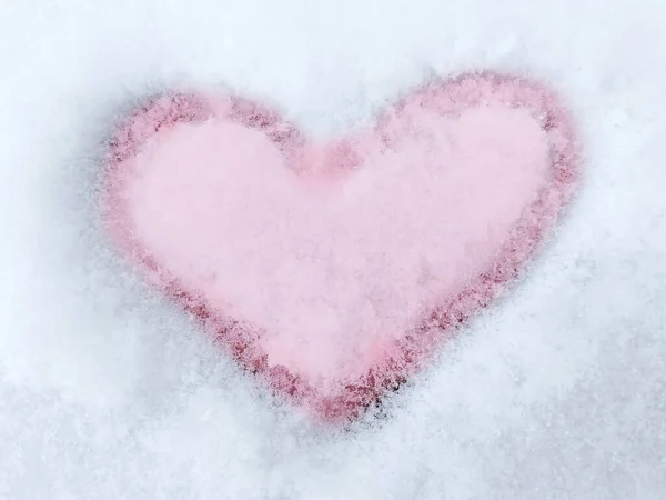 Valentinstag Hintergrund Rosa Valentinstag Auf Weißem Schnee Gezeichnet — Stockfoto