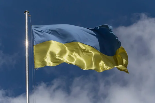Ukrainian Flag Flagpole Blue Sky Clouds — Stock Photo, Image