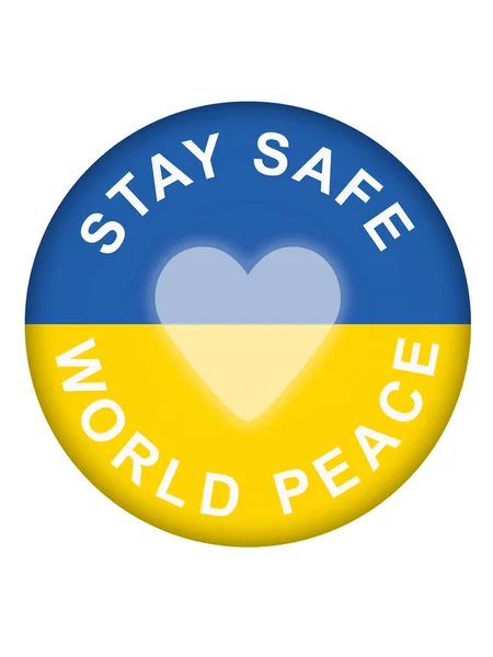 Кругла Кнопка Українським Прапором Серцем Звісткою Залишайтеся Безпеці Світовим Миром — стокове фото