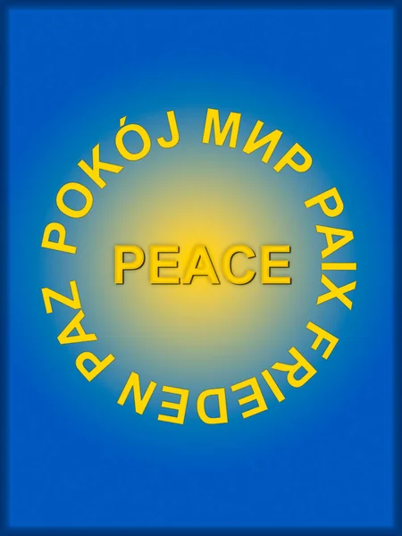 Stand Con Ucraina Sfondo Blu Con Parola Pace Diverse Lingue — Foto Stock
