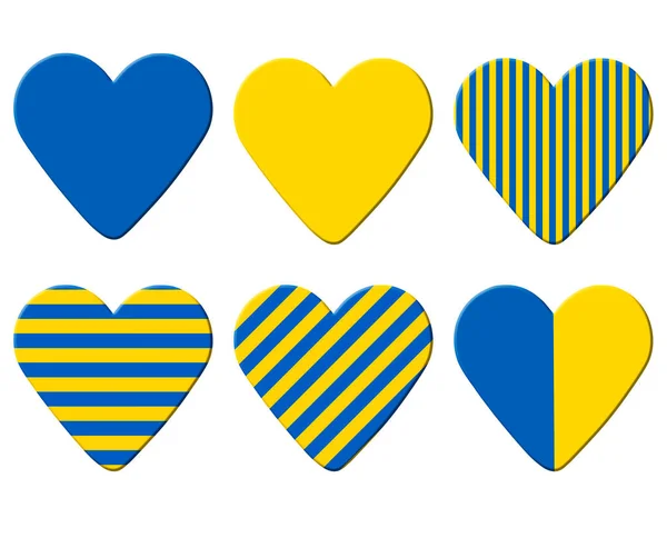Stå Med Ukraina Uppsättning Hjärtan Med Ukrainska Flagga Ränder Över — Stockfoto