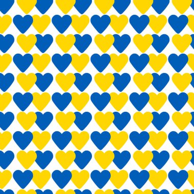 Ukrayna arka planında durun: beyaz üzerine mavi ve sarı kalplerden oluşan soyut, kusursuz desen