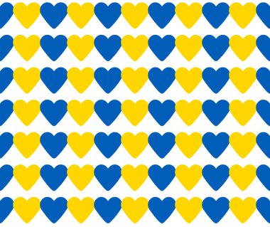 Ukrayna arka planına sahip durun: beyazın üzerinde Ukrayna bayrağı renk kalplerinden yapılmış pürüzsüz desen