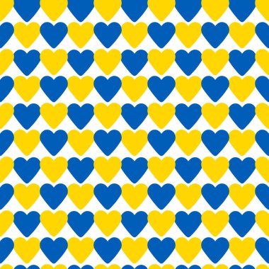 Ukrayna 'nın yanında dur: beyazın üzerinde mavi ve sarı kalplerden oluşan soyut ve pürüzsüz desen