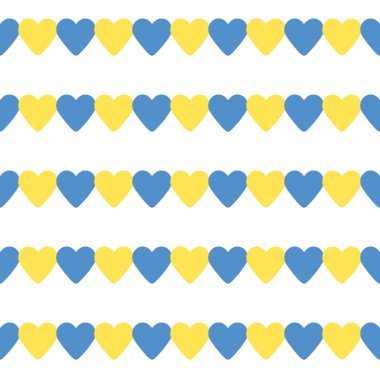 Ukrayna arkaplanı ile ayakta durun: beyaz zemin üzerinde mavi ve sarı kalplerden yapılmış pürüzsüz desen