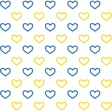 Ukrayna arkaplanı ile ayakta durun: beyaz zemin üzerinde mavi ve sarı kalplerden yapılmış pürüzsüz desen