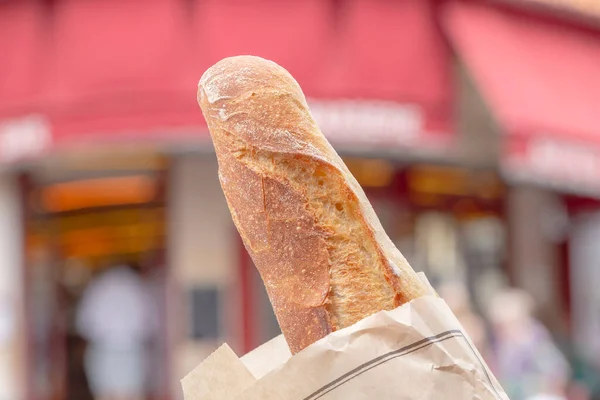 Close Fresh Crispy French Baguette Blurred Street Paris — Stock Photo, Image