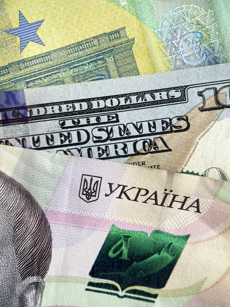 Cambio Divisas Primer Plano Hryvnia Ucraniana Billetes Euros Usd — Foto de Stock