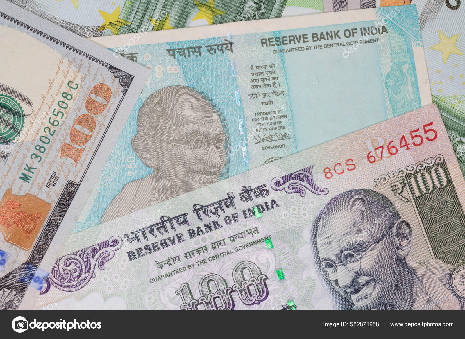 Currency Exchange Several Indian Rupee Banknotes Dollars Euro
