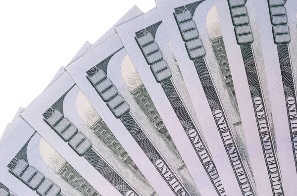Nahaufnahme Fächerförmiger Hundert Dollar Banknoten Isoliert Auf Weißem Grund — Stockfoto