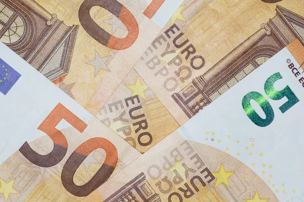 Närbild Flera Femtio Eurosedlar — Stockfoto