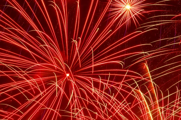 Abstract Holiday Background Close Red Fireworks Night Sky — Stock Photo, Image