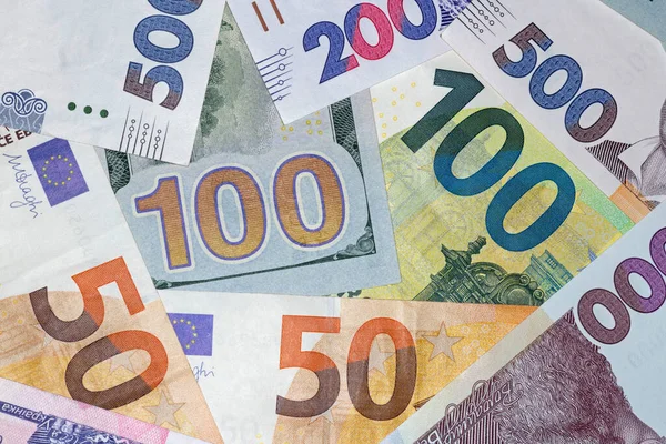 Contexto Financeiro Euro Dólares Americanos Notas Hrivnya Ucranianas — Fotografia de Stock