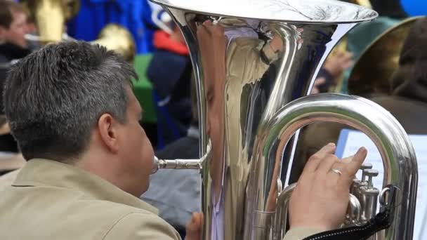 Чоловік грає туба в парку — стокове відео