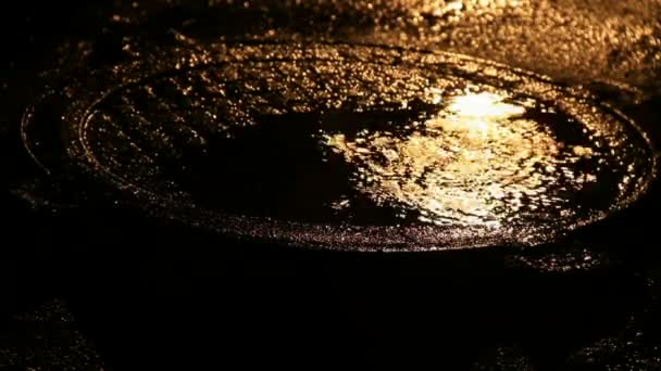 Les lumières se reflètent dans la flaque dans la pluie nocturne — Video