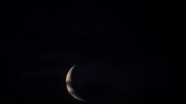 Young moon through dark night clouds time-lapse — Stock Video