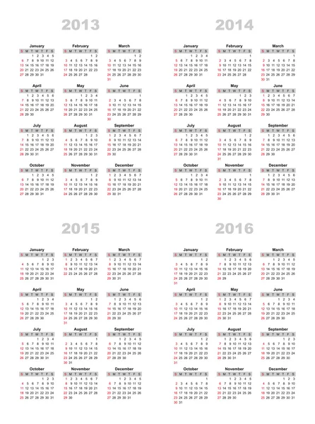 Calendário 2013,2014,2015,2016 — Vetor de Stock