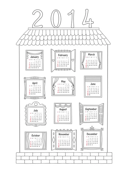 Calendario para el año 2014. Una casa pintada con ventanas . — Vector de stock