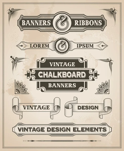 Vintage retro hand drawn banner and ribbon set — Stock Vector