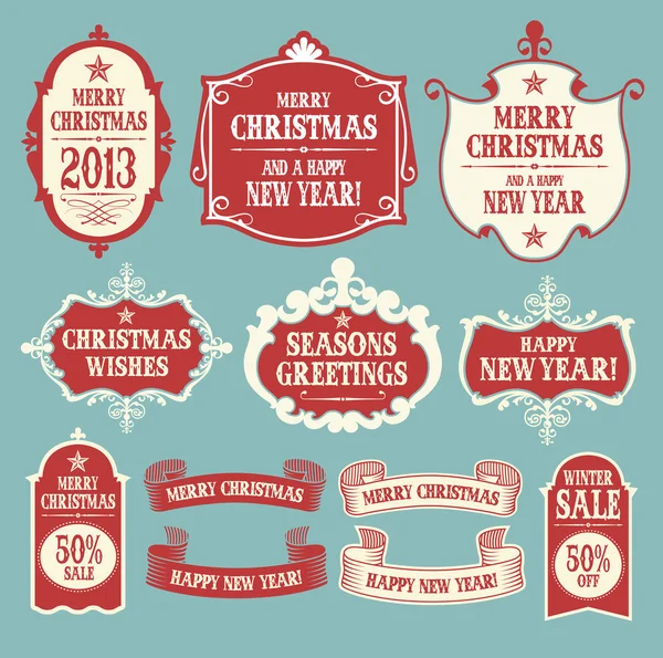 Christmas design elements. Badges, labels and ribbons. — Stock Vector