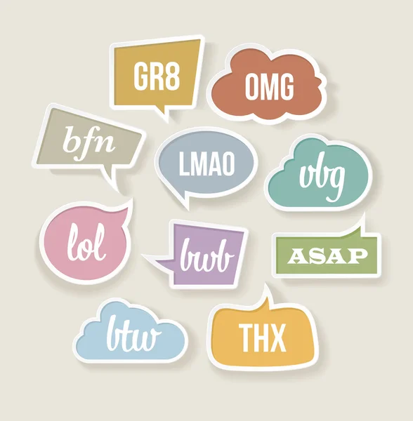 Vector retro speech bubbles with texting acronyms and abbreviations. — Stock Vector