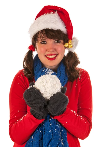 Chica de invierno con sombrero Santa Claus y nieve —  Fotos de Stock