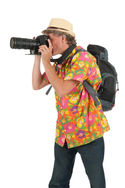 Turista con cámara y mochila — Foto de Stock
