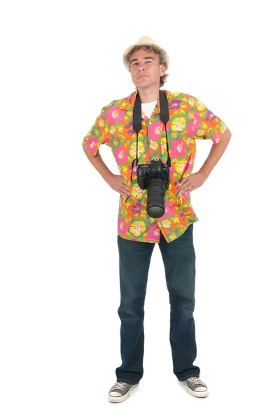 Tourist with big camera and backpack — Zdjęcie stockowe