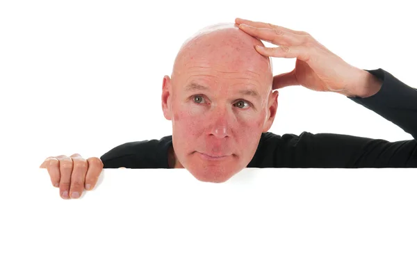 Bald man with white board — Stock Photo, Image