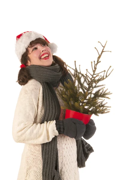 Зимова дівчинка з капелюхом Санта Клаусом. — стокове фото