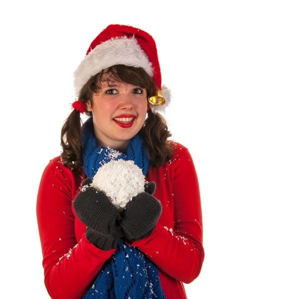 Chica de invierno con sombrero Santa Claus y nieve —  Fotos de Stock