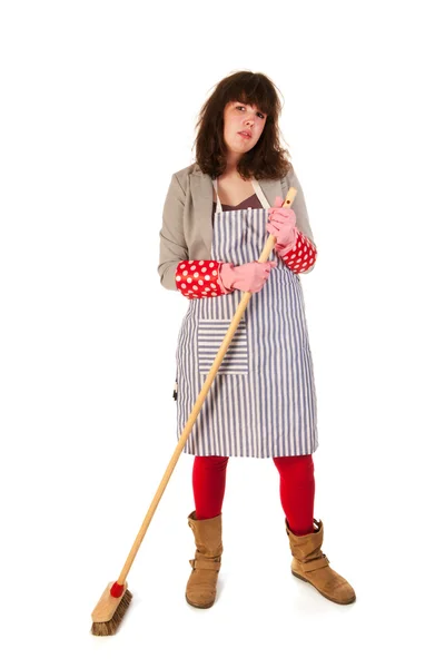 Dona de casa com ferramenta de esfregar — Fotografia de Stock