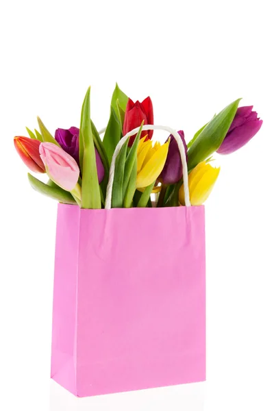 Nákupní taška barevné tulipány — Stock fotografie