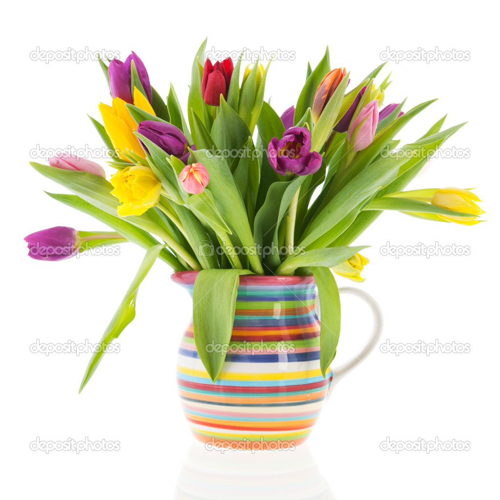 Bouquet tulips in vase with stripes