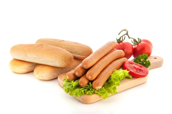 Kiełbasy i bułki do hot dogów — Zdjęcie stockowe