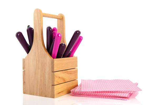 Cutlery in wooden tray — Stock Photo, Image