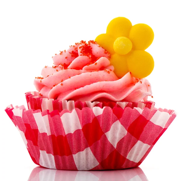 Cupcake rouge à fleur jaune — Photo