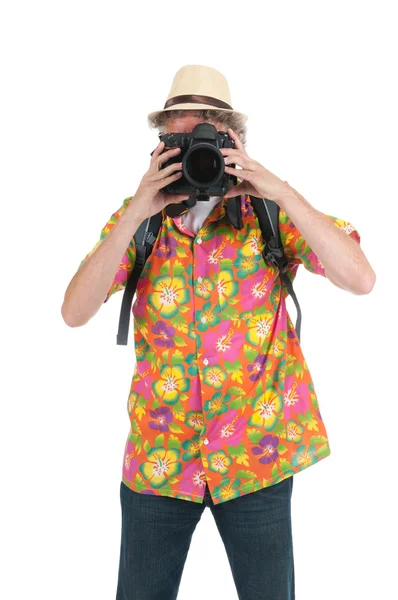 Turista com câmera e mochila — Fotografia de Stock