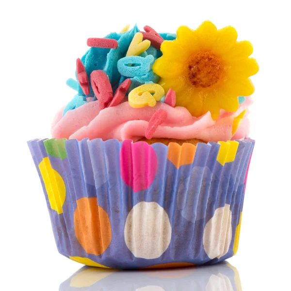 花と文字ピンクのカップケーキ — ストック写真
