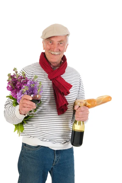 Französischer Mann mit Brot und Wein — Stockfoto