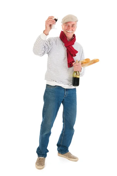 Französischer Mann mit Brot und Wein — Stockfoto