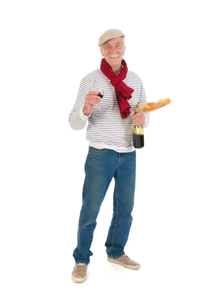 Homem francês com pão e vinho — Fotografia de Stock